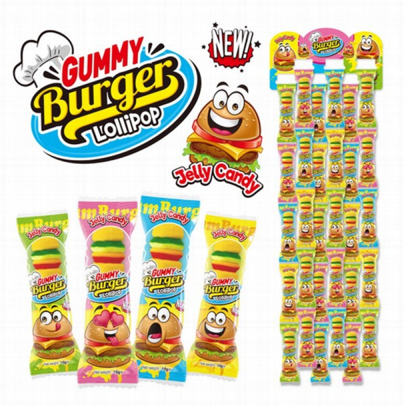 Želejkonfektes uz kociņu Burger Lollipop 10g*60gb (01.10.2026) Ķīna