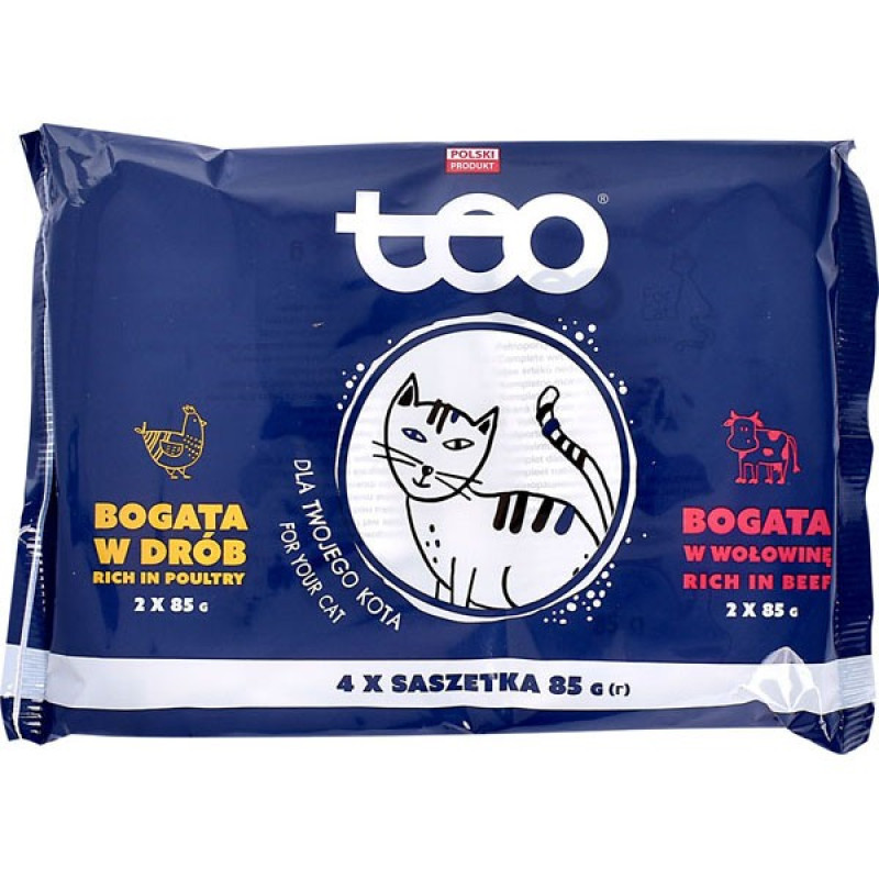 Kaķu konservi Teo 4*85g ar vistas un liellopu gaļu 1/9 (09.04.2027) Polija