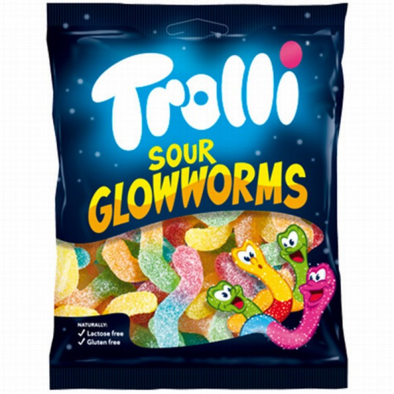 Želejkonfektes Trolli skābie Glowworms 100g (05.03.26) Vācija