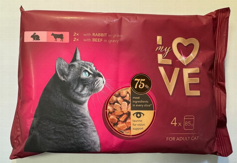 Kaķu konservi My Love ar truša un liellopu gaļu maigā mērcē ((4*85g)) 1/13 (12.06.2027) LT