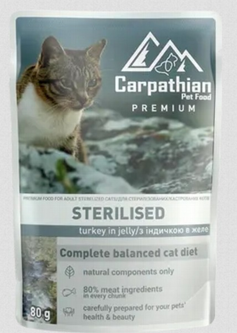 Kaķu konservi Carpathian Pet food ar tītara gaļu sterilizētiem kaķiem 100g 1/24 (13.09.2027) Ukraina
