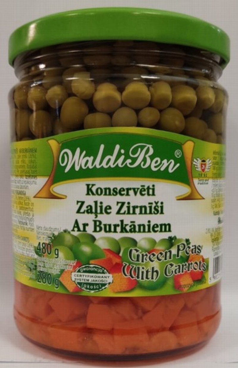 Zaļie zirnīši ar burkāniem WaldiBen 480g 1/8 (12.03.2028) Polija