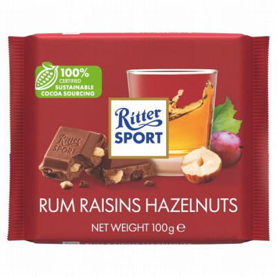 Šokolāde Ritter Sport ar lazdu riekstiem rozīnēm un rumu 100g (11.08.25) Vācija