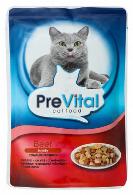 Kaķu konservi Prevital ar liellopu gaļu želejā 100g 
