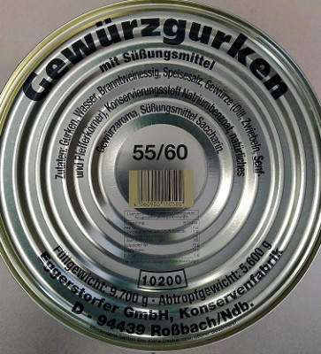 Gurķi marinēti ar garšvielām un saldinātāju 10L/5.6kg (55/60) Bundžā (31.12.29) Vācija