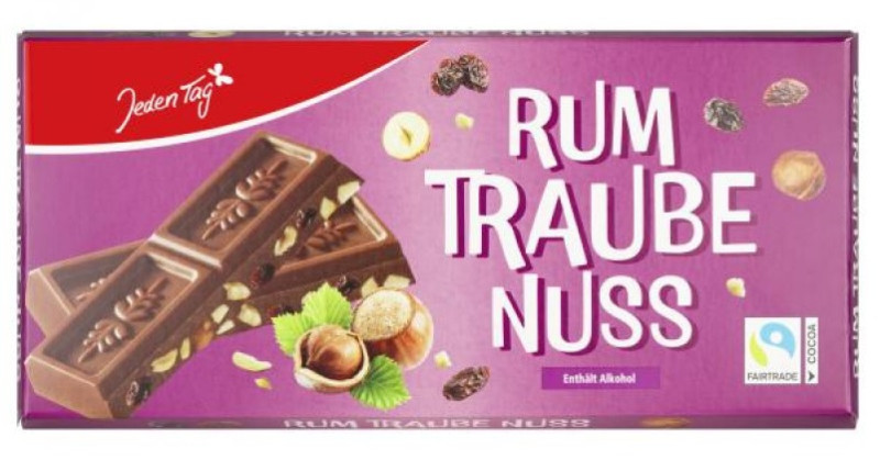 Piena šokolāde ar rozīnēm, lazdu riekstiem un rumu Rum Taube Nuss 200g Jeden Tag (23.10.26) Vācija