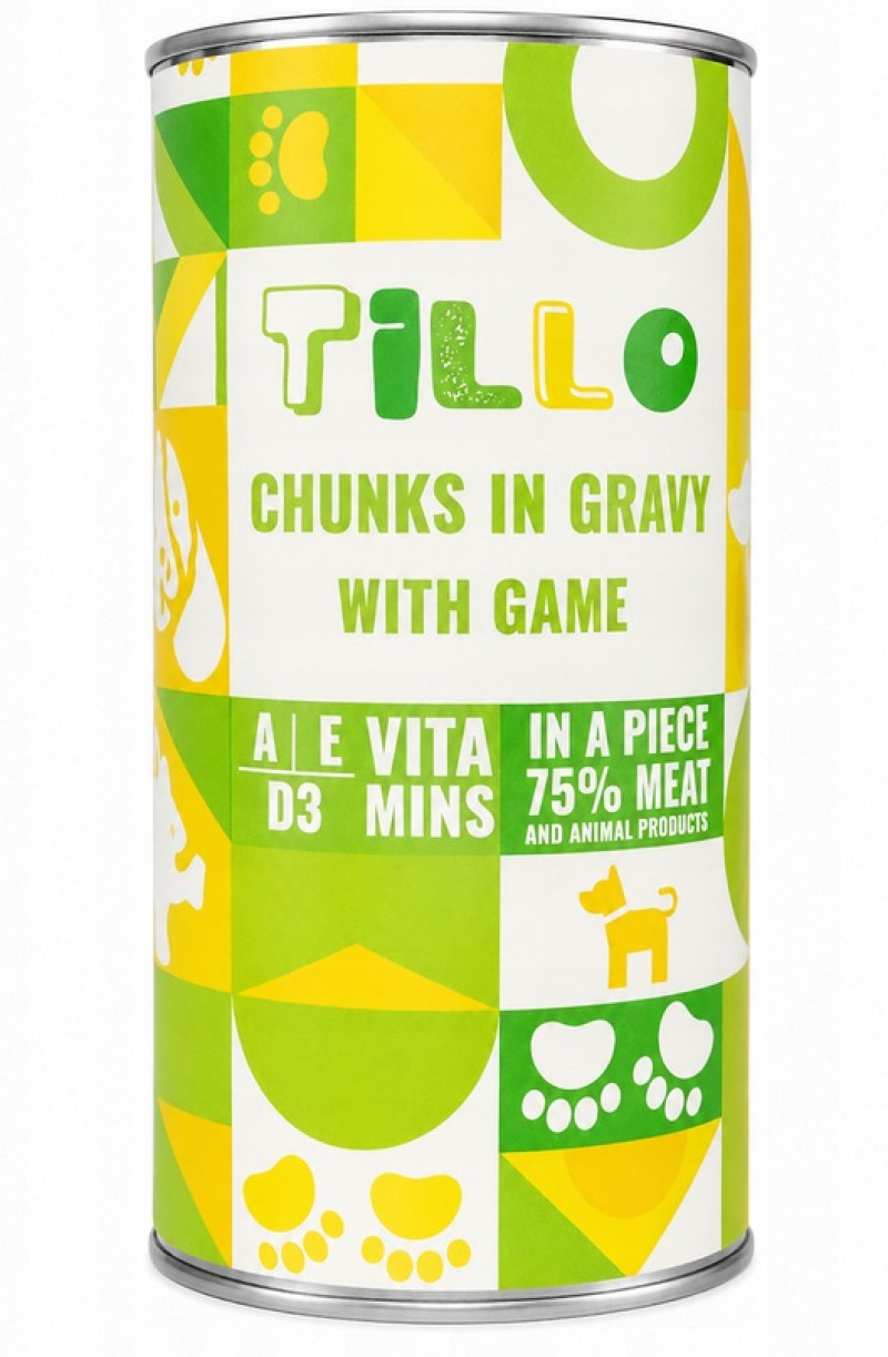 Suņu barība konservi TILLO ar medījuma gaļu maigā mērcē 1.25kg (08.04.28)