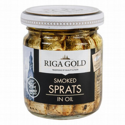 Šprotes eļļā 100g (STIKLĀ) 1/15  Rīgas Gold (09.06.30) Latvija