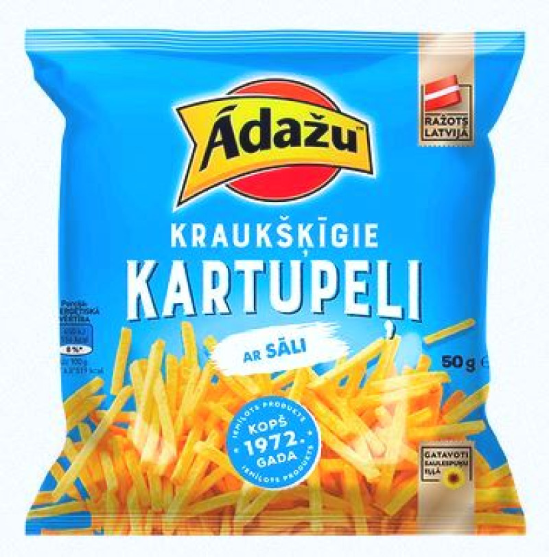 Čipsi Ādažu kraukšķīgie kartupeļu salmiņi 50g 1/10 (11.05.26) Latvija