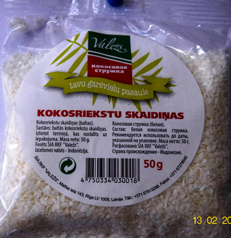 Kokosriekstu skaidiņas baltas 50g Valežs (25.03.27) Indonēzija