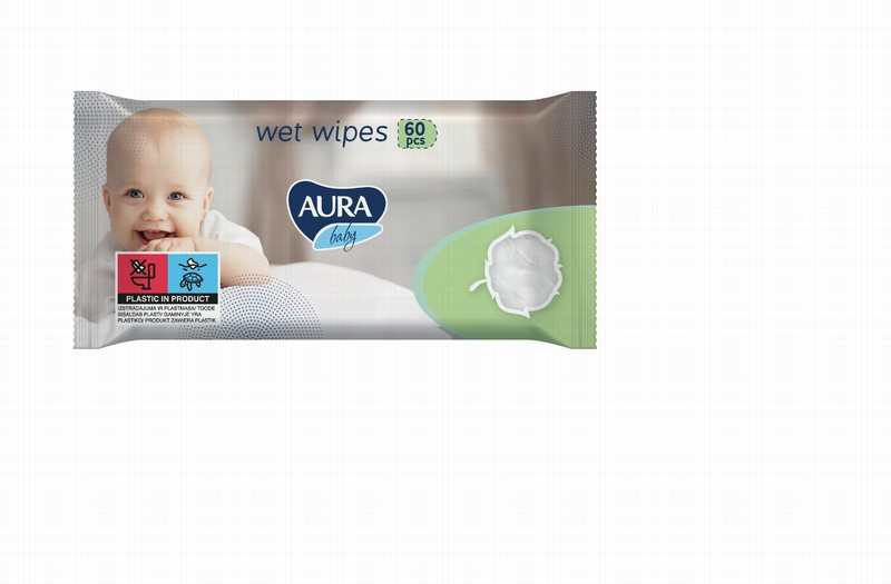 Mitrās salvetes AURA Baby Sensitive 60gb 1/12 (12.08.26) Polija