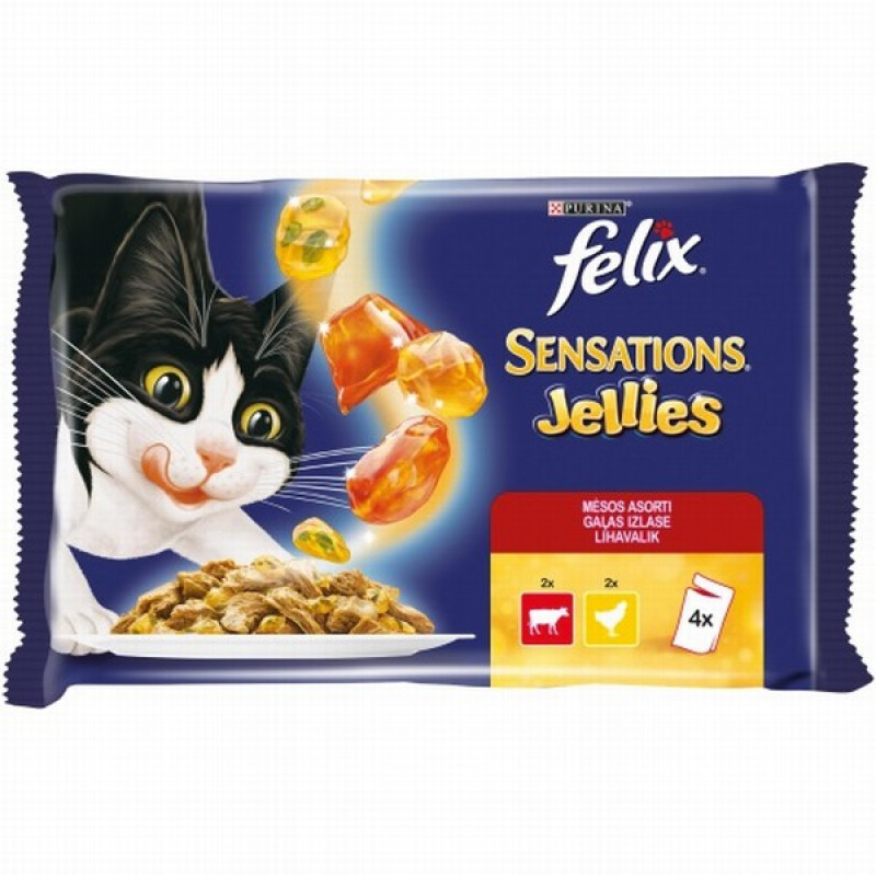 Kaķu konservi Felix Sensations 4*85g gaļas izlase želejā 1/12 (03.27)