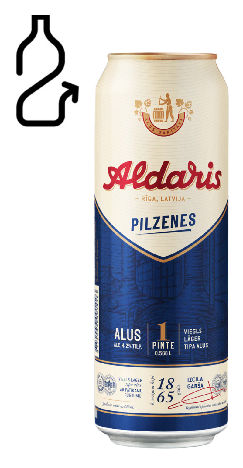 Alus Aldara pilzenes CAN 0.568L 4.2% 1/24 DEPOZĪTA maksa 0.10 eiro (21.06.2026) ES