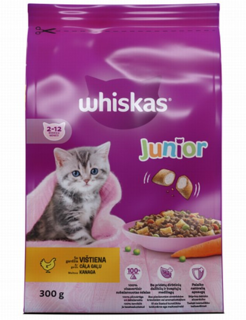 Kaķu sausā barība Whiskas 300g Junior ar cāļa gaļu (26.09.25)Ungārija Laba cena