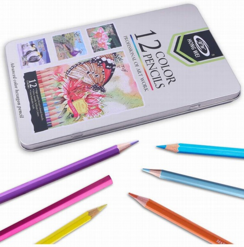 Zīmuļi krāsainie 12gb Hong Wei metāla kārbā