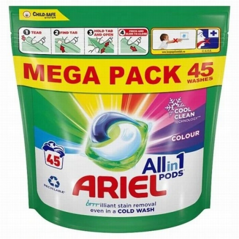 Veļas mazgāšanas kapsulas Ariel Alpine All in 1 45gb baltai veļai (0.42 eur/gb) Polija