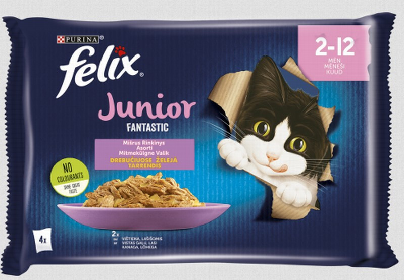 Kaķu konservi Felix Junior vistas gaļa, lasis 4*85g 1/12 (04.2027) Ungārija