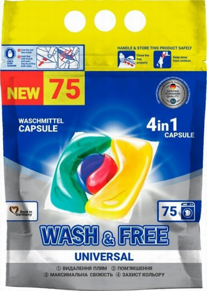 Veļas mazgāšanas kapsulas Wash&Free 75gb univesal (0.17eur/gb)(18.04.2027) Vācija